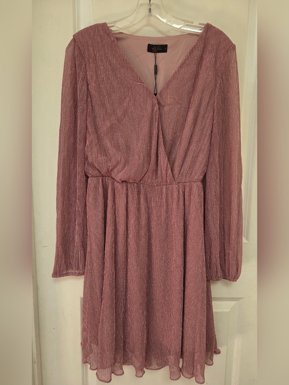 Dressy Star Lush Rose Pink Long Sleeve Shimmer Wrap Dress Sheer Sleeve Medium